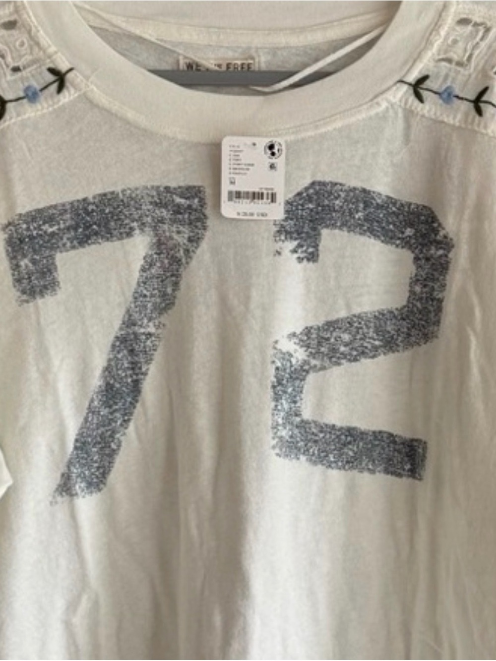 Free People Embroidered Cream Floral Sleeve Pullover Top with '72' Graphic - Picture 4 of 7